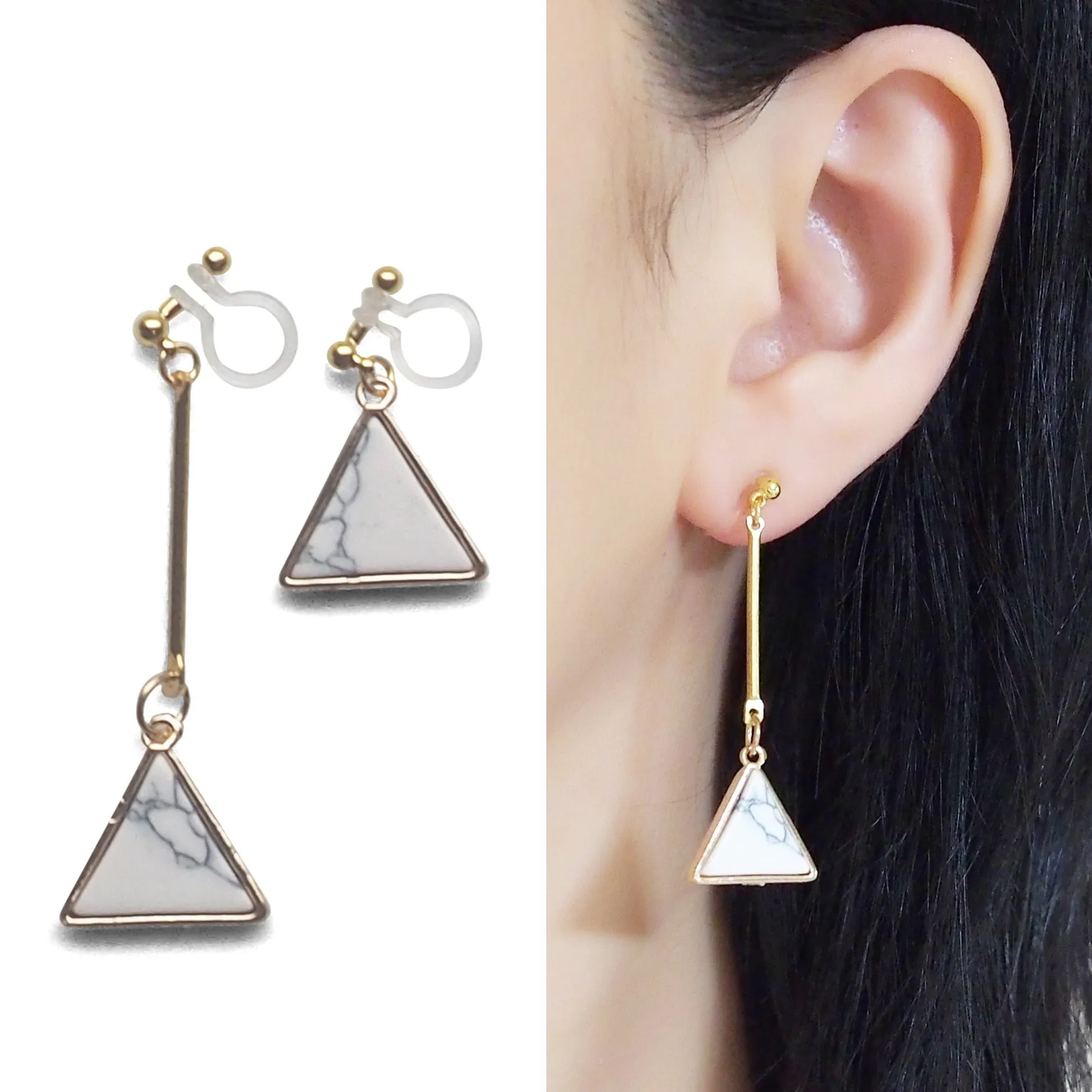 Asymmetric Triangle Marble Faux White Stone Invisible Clip On Earrings
