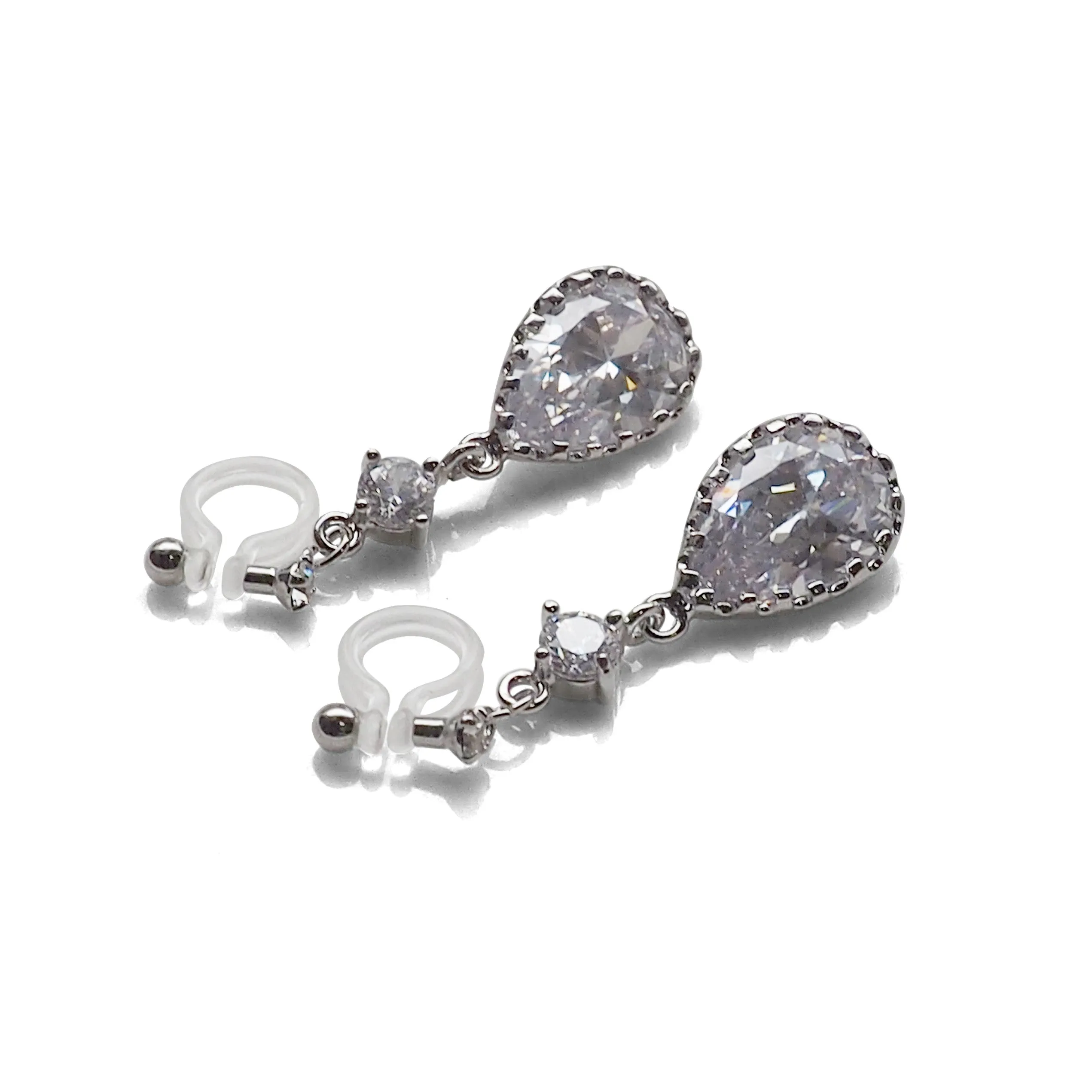 Bridal teardrop cubic zirconia crystal invisible clip on earrings ( silver tone )