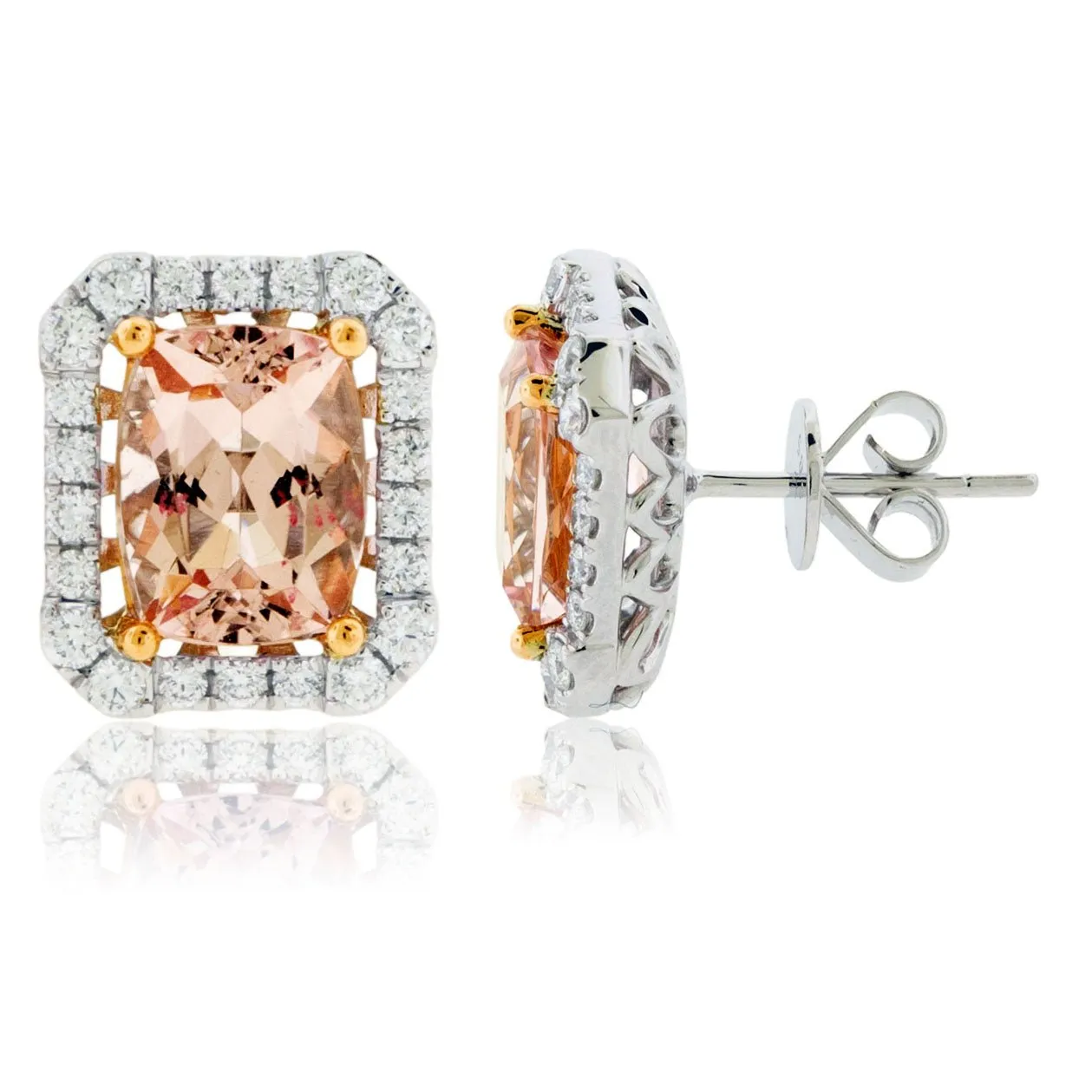 Cushion Cut Morganite & Diamond Stud Earrings