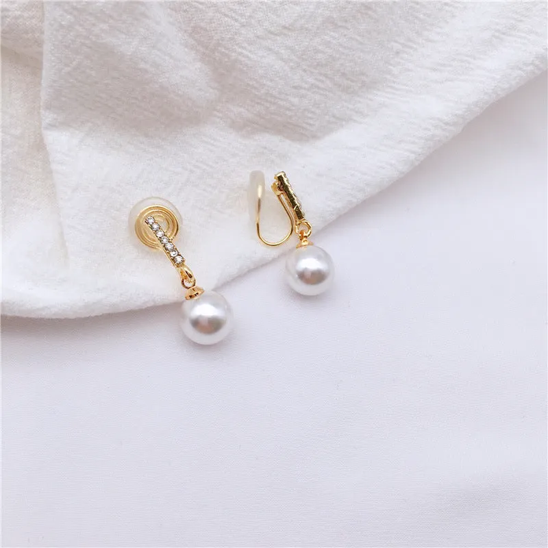 Dangle Crystal Rhinestone Bar and White Pearl Spiral Clip On Earrings