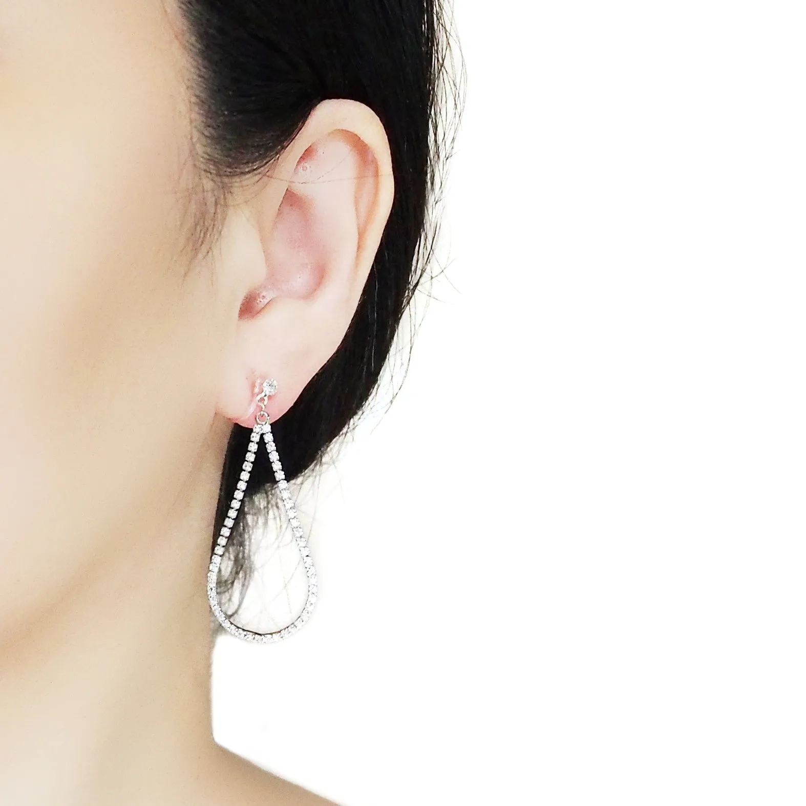 Dangle Silver Teardrop Rihnestone Crystal Invisible Clip On Earrings