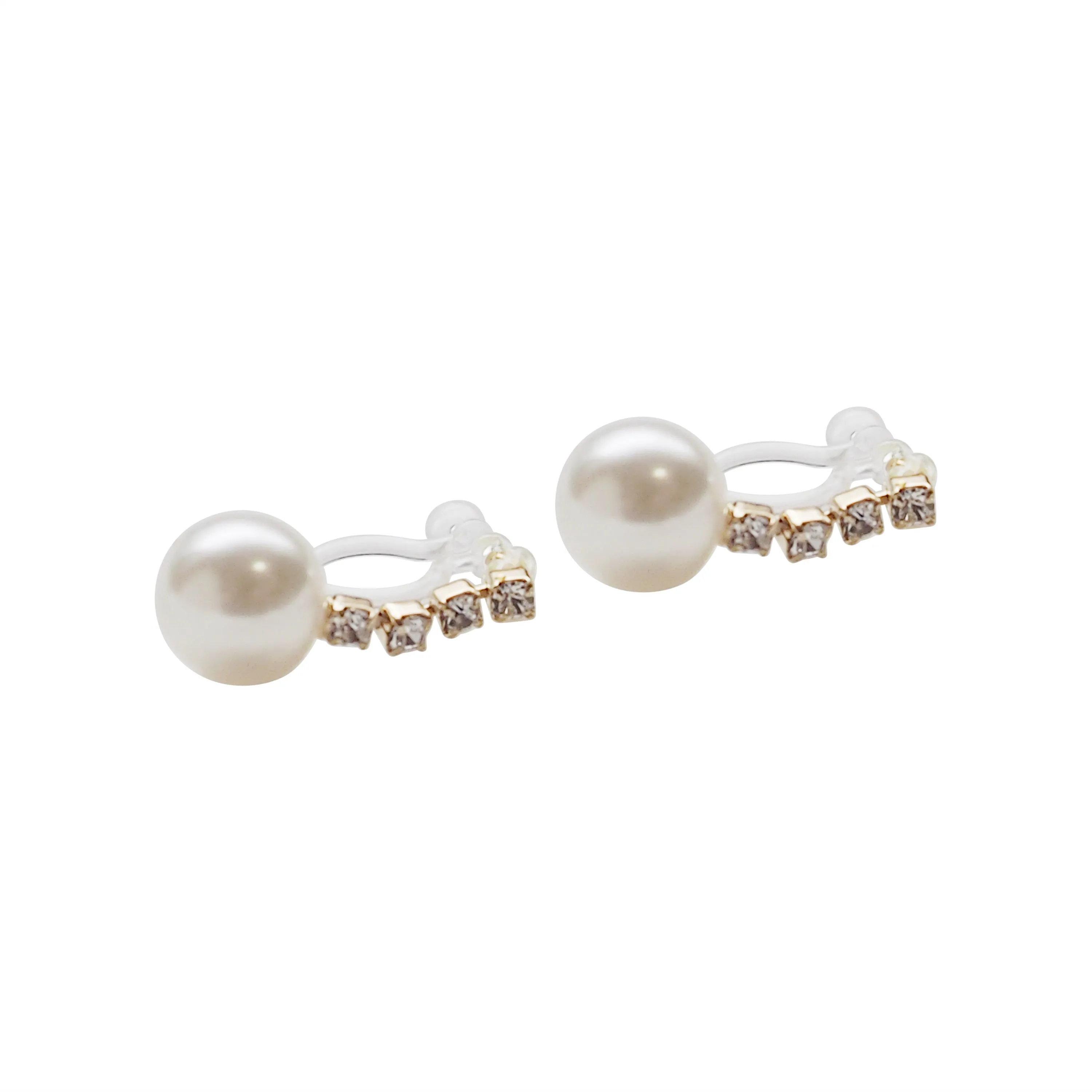 Dangle White Pearl & Crystal Invisible Clip On Earrings (Gold tone)