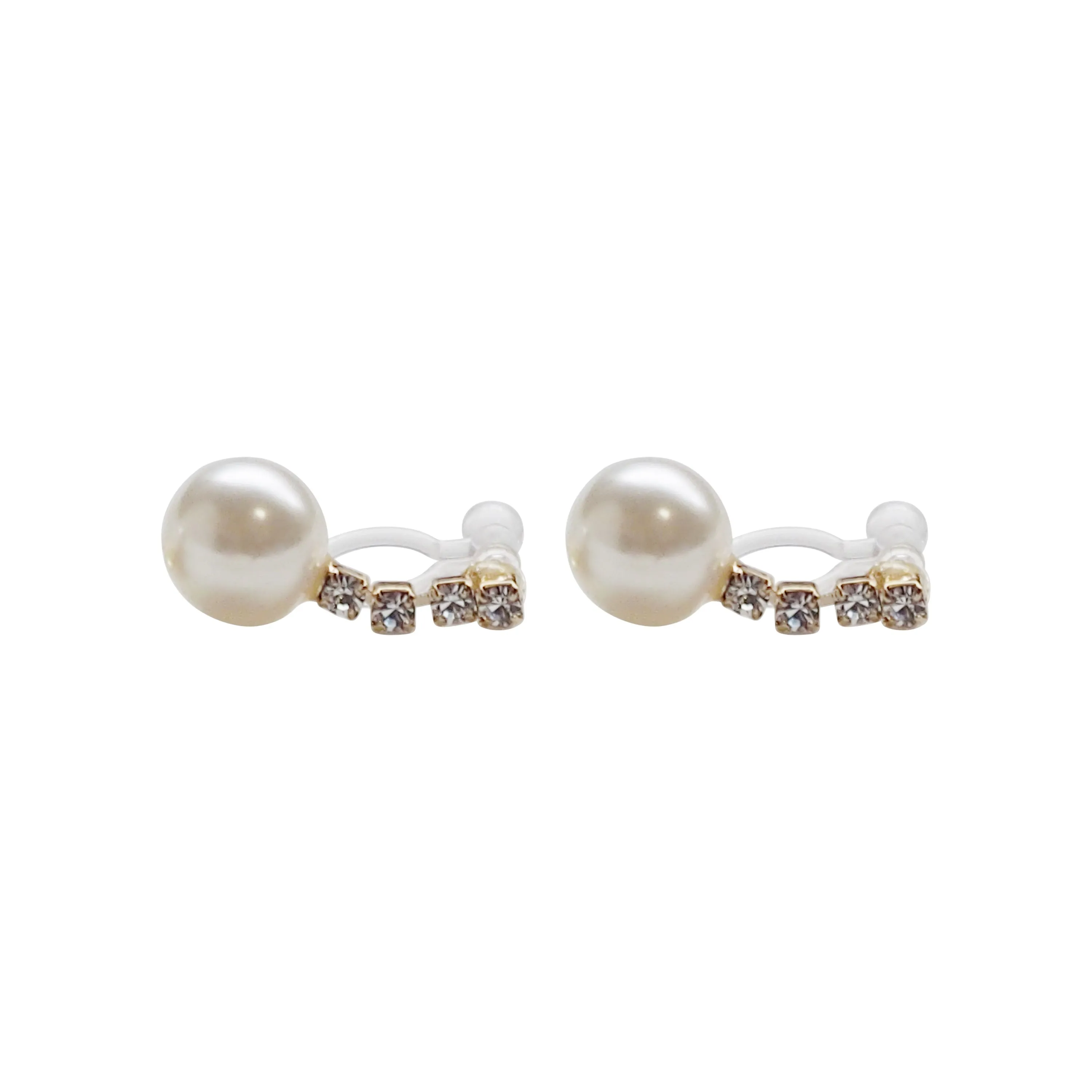 Dangle White Pearl & Crystal Invisible Clip On Earrings (Gold tone)