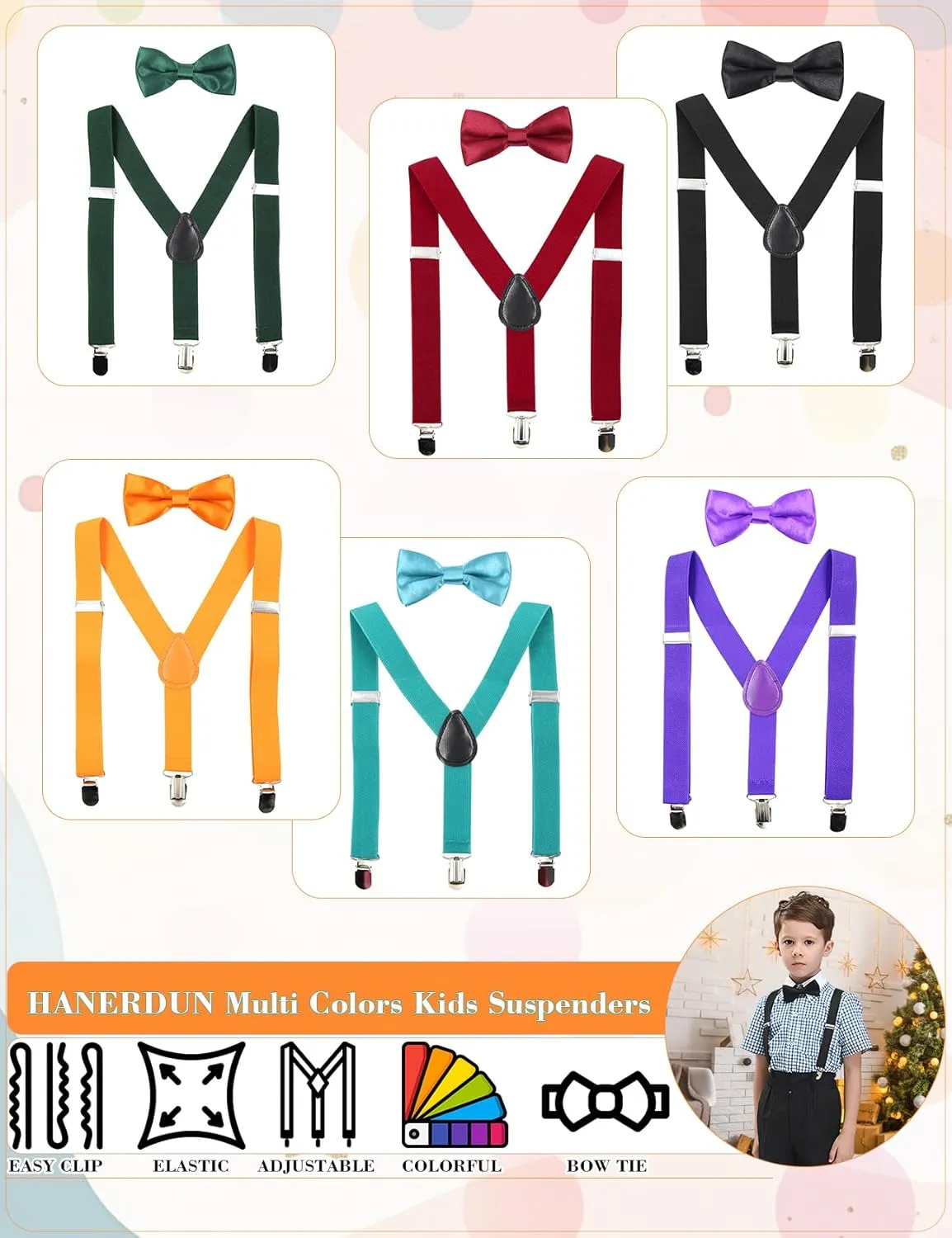 HANERDUN Kids Suspenders Bowtie Sets Adjustable Suspender Set for Boys and Girls