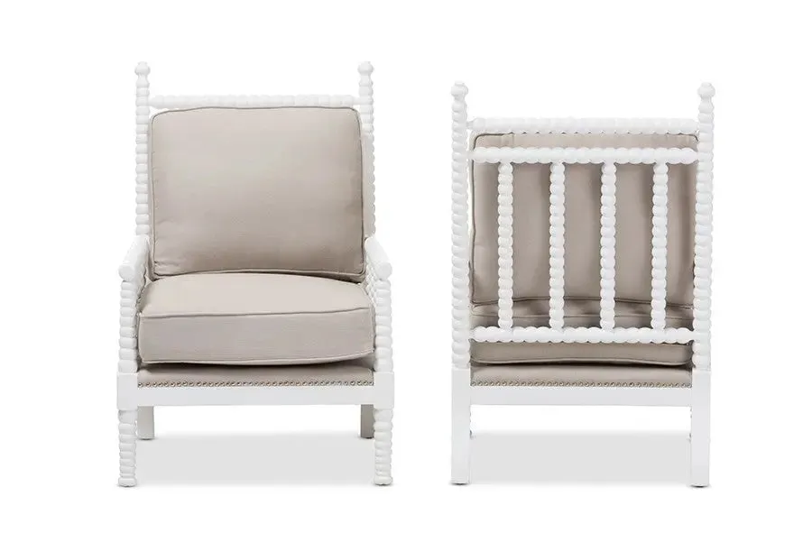 Hillary Beige Fabric Upholstered and White Finish Wood Spindle-Back 2 PCS-Living Room Accent Chair