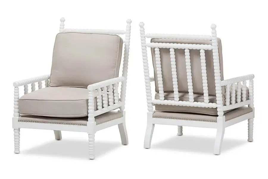 Hillary Beige Fabric Upholstered and White Finish Wood Spindle-Back 2 PCS-Living Room Accent Chair