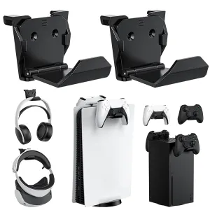 KUNSLUCK 2 Pack Controller Wall Mount for PS5, Xbox, Switch Controller, Wall Mount Stand for Controller&Headset, Adhesive/Screws Installation (Black)