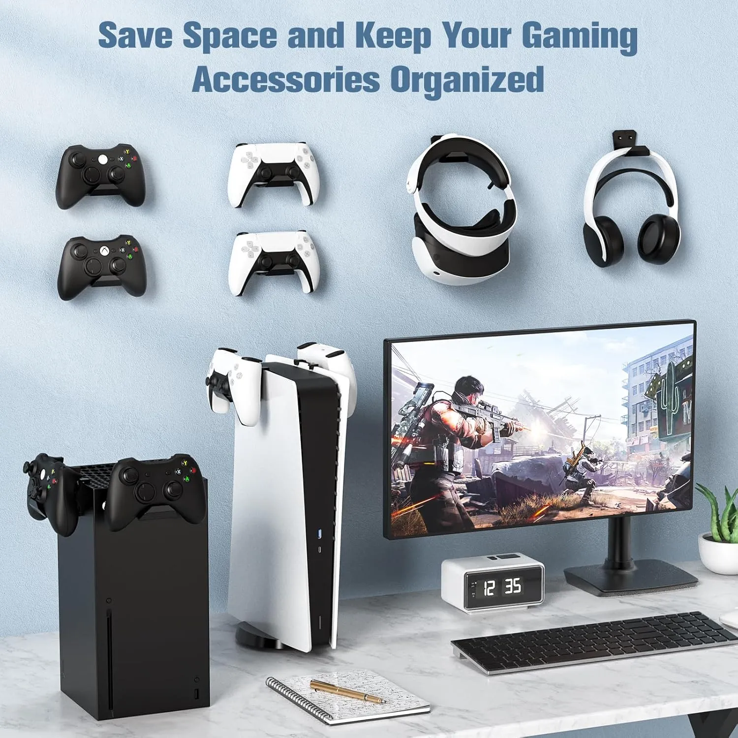 KUNSLUCK 2 Pack Controller Wall Mount for PS5, Xbox, Switch Controller, Wall Mount Stand for Controller&Headset, Adhesive/Screws Installation (Black)