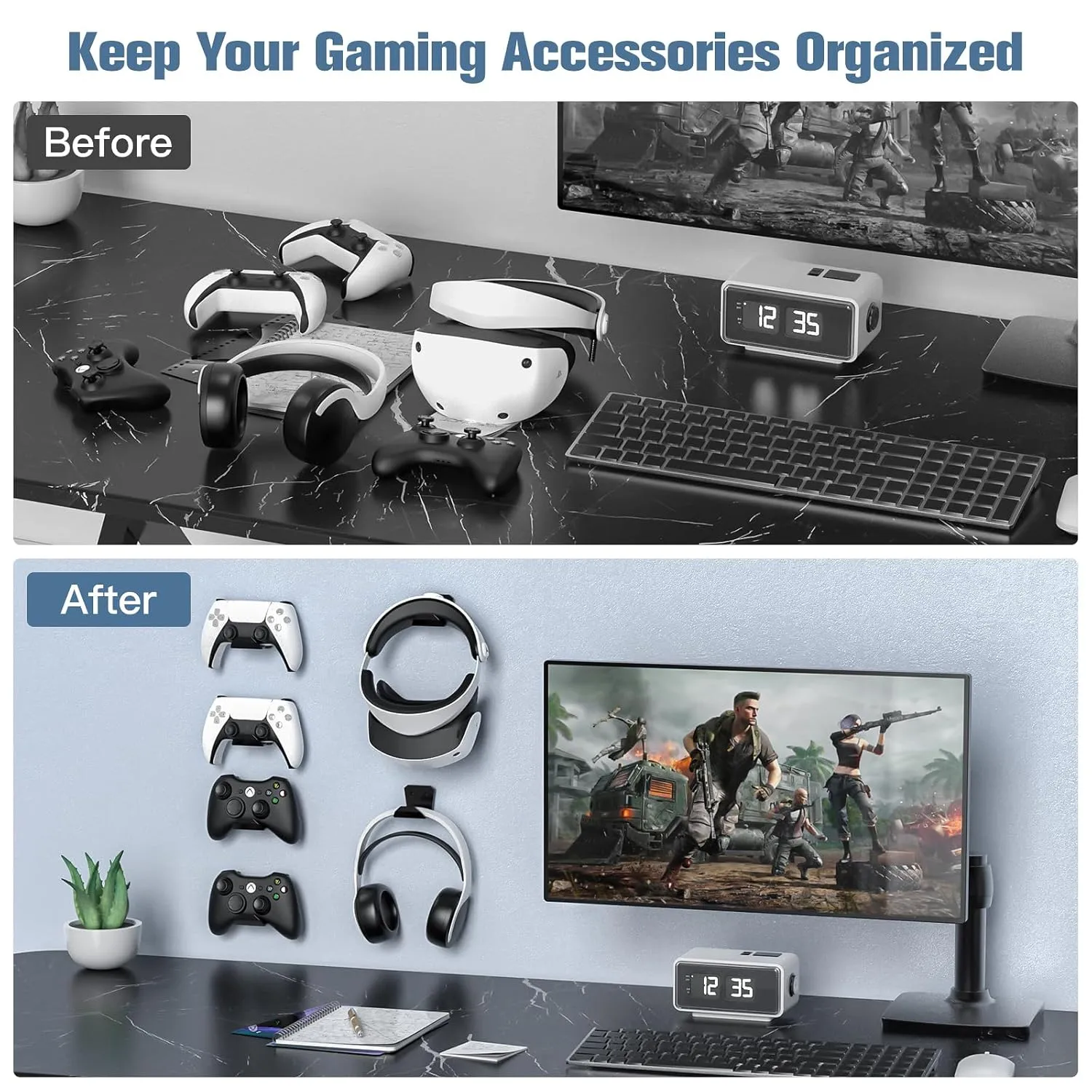 KUNSLUCK 2 Pack Controller Wall Mount for PS5, Xbox, Switch Controller, Wall Mount Stand for Controller&Headset, Adhesive/Screws Installation (Black)