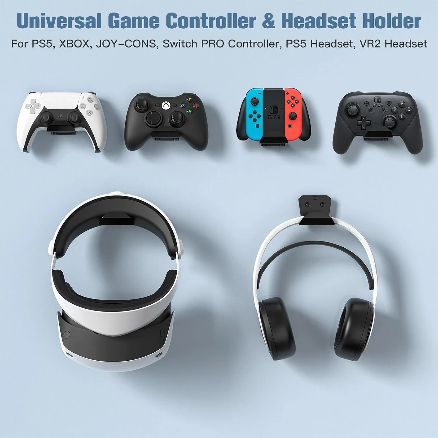 KUNSLUCK 2 Pack Controller Wall Mount for PS5, Xbox, Switch Controller, Wall Mount Stand for Controller&Headset, Adhesive/Screws Installation (Black)