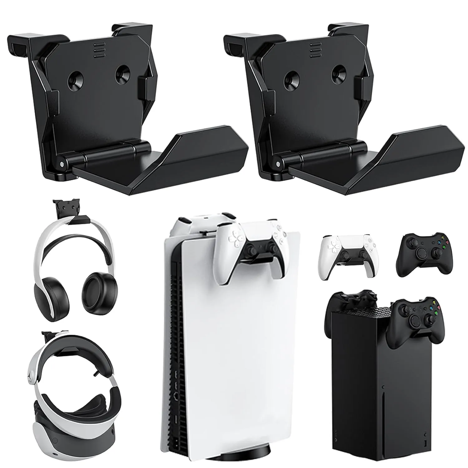 KUNSLUCK 2 Pack Controller Wall Mount for PS5, Xbox, Switch Controller, Wall Mount Stand for Controller&Headset, Adhesive/Screws Installation (Black)