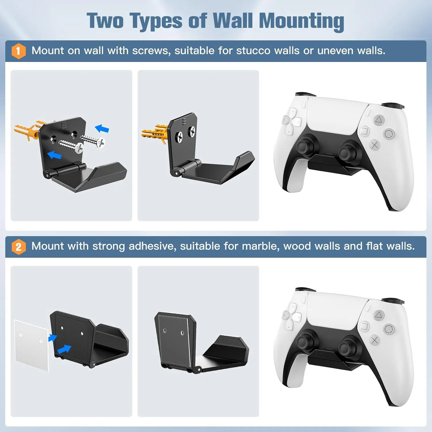 KUNSLUCK 2 Pack Controller Wall Mount for PS5, Xbox, Switch Controller, Wall Mount Stand for Controller&Headset, Adhesive/Screws Installation (Black)