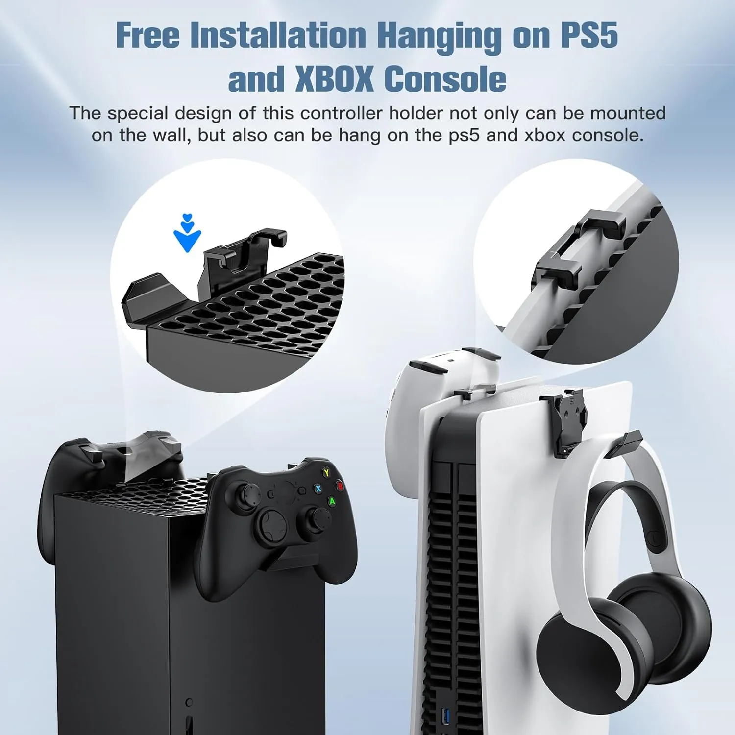 KUNSLUCK 2 Pack Controller Wall Mount for PS5, Xbox, Switch Controller, Wall Mount Stand for Controller&Headset, Adhesive/Screws Installation (Black)