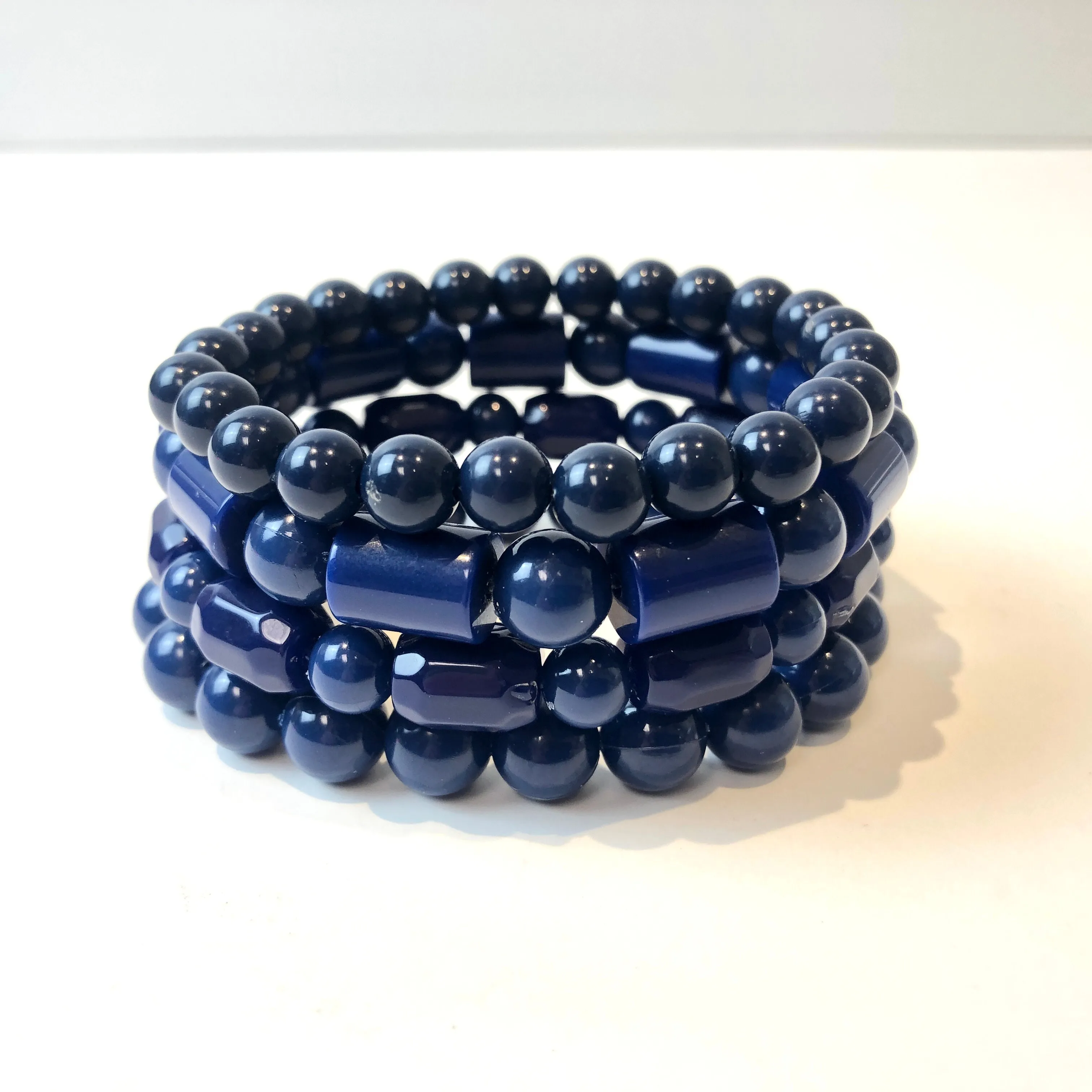 Mixed Toned Navy Blue Facets & Tubes Stack & Stretch Bracelets Set