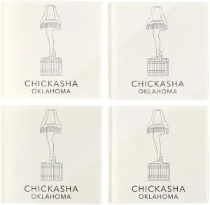 Modern Minimalist Oklahoma Chickasha Leg Lamp, Joyride Home Decor, 4 Glass Coasters, 4-inch Square Drink Coasters, Set of 4, Non-Slip Cork Back, Protects Surfaces, Express Your Style.