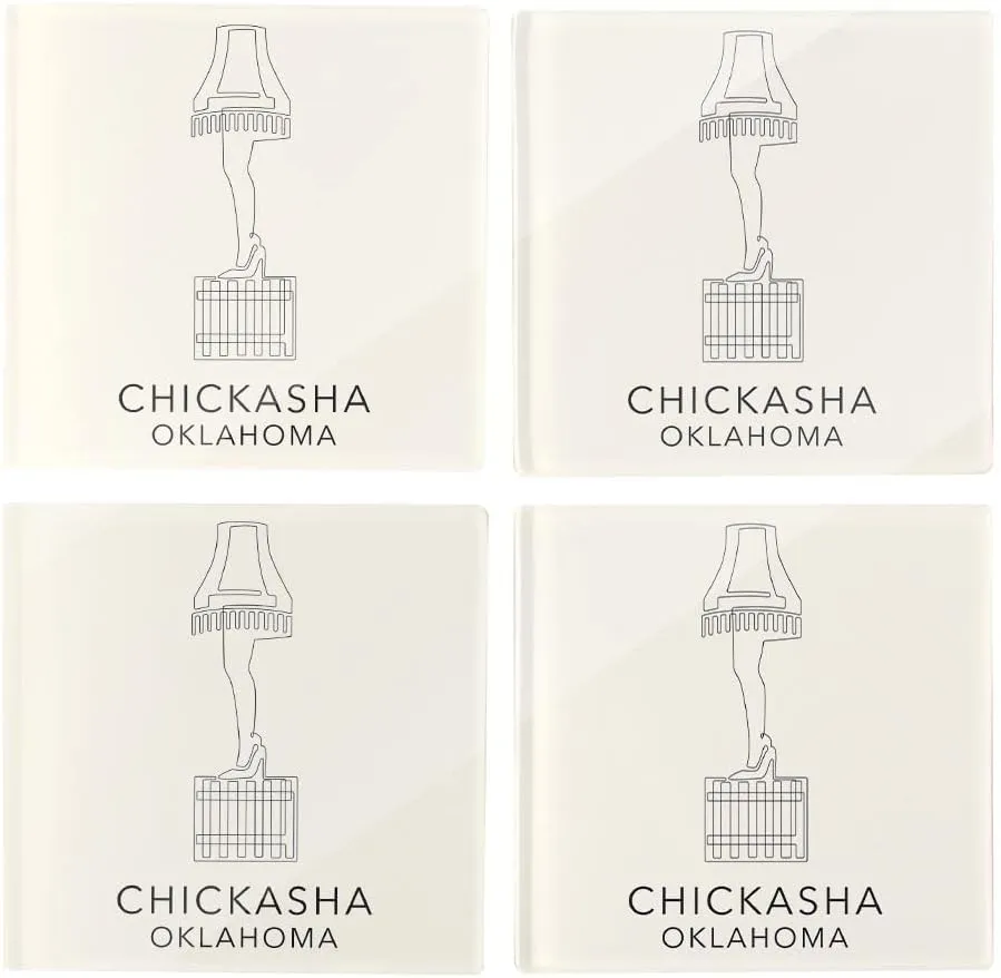 Modern Minimalist Oklahoma Chickasha Leg Lamp, Joyride Home Decor, 4 Glass Coasters, 4-inch Square Drink Coasters, Set of 4, Non-Slip Cork Back, Protects Surfaces, Express Your Style.