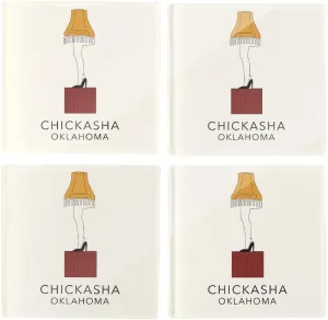 Modern Minimalist Oklahoma Colorful Chickasha Leg Lamp, Joyride Home Decor, 4 Glass Coasters, 4-inch Square Drink Coasters, Set of 4, Non-Slip Cork Back, Protects Surfaces, Express Your Style.