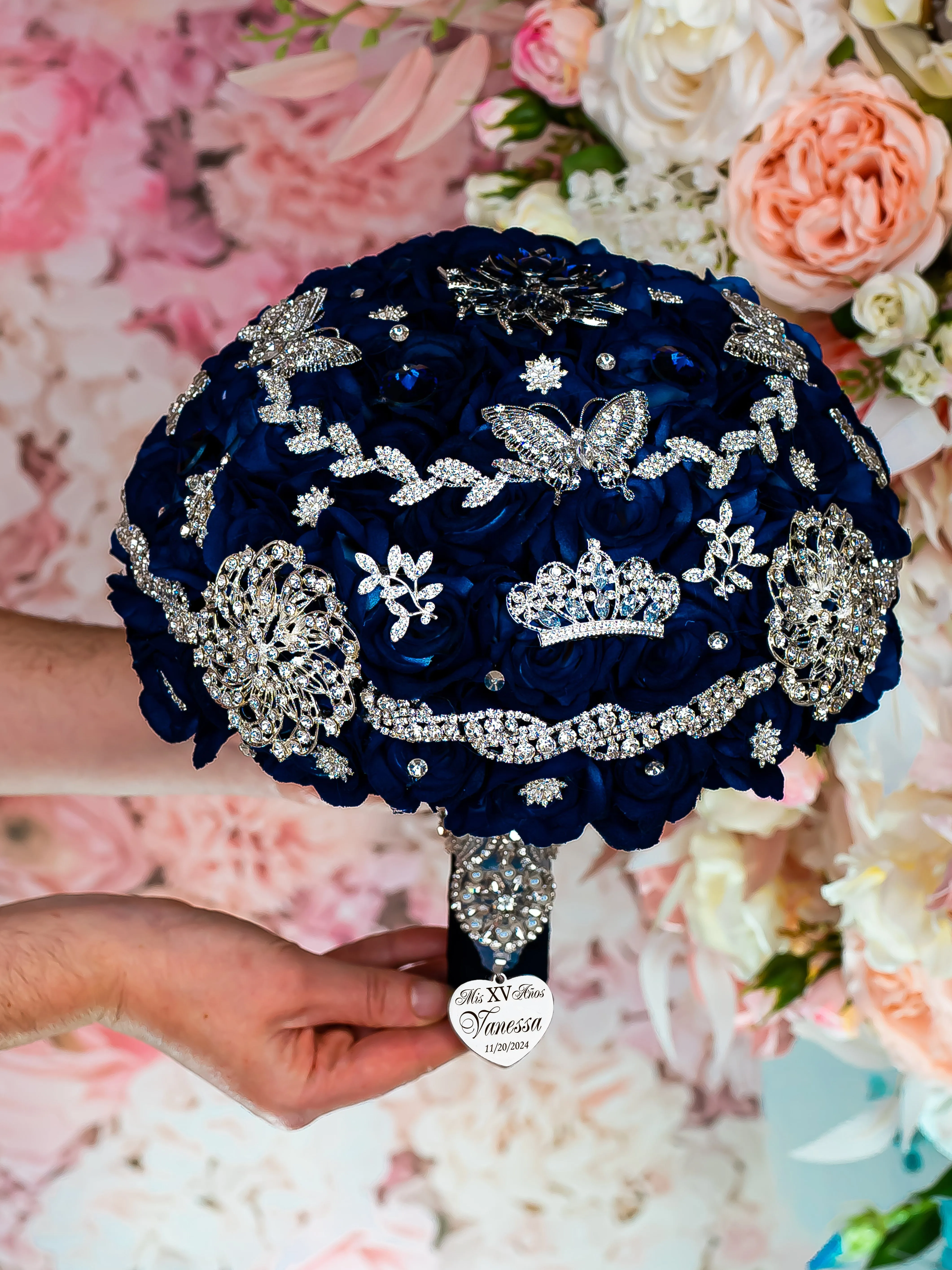 Navy Blue with silver quinceanera bottle with 1 glass