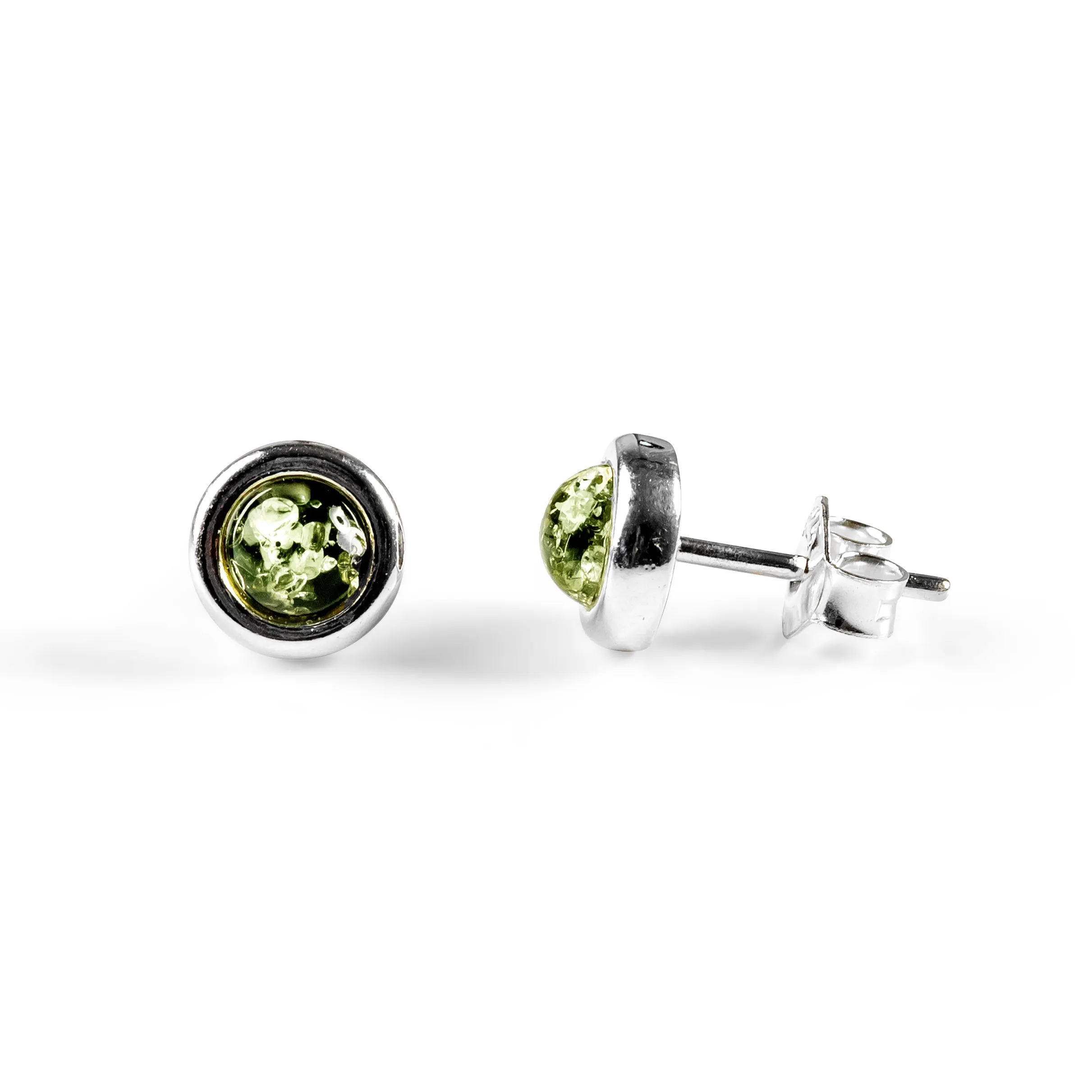 Small Round Stud Earrings in Silver and Cognac Amber