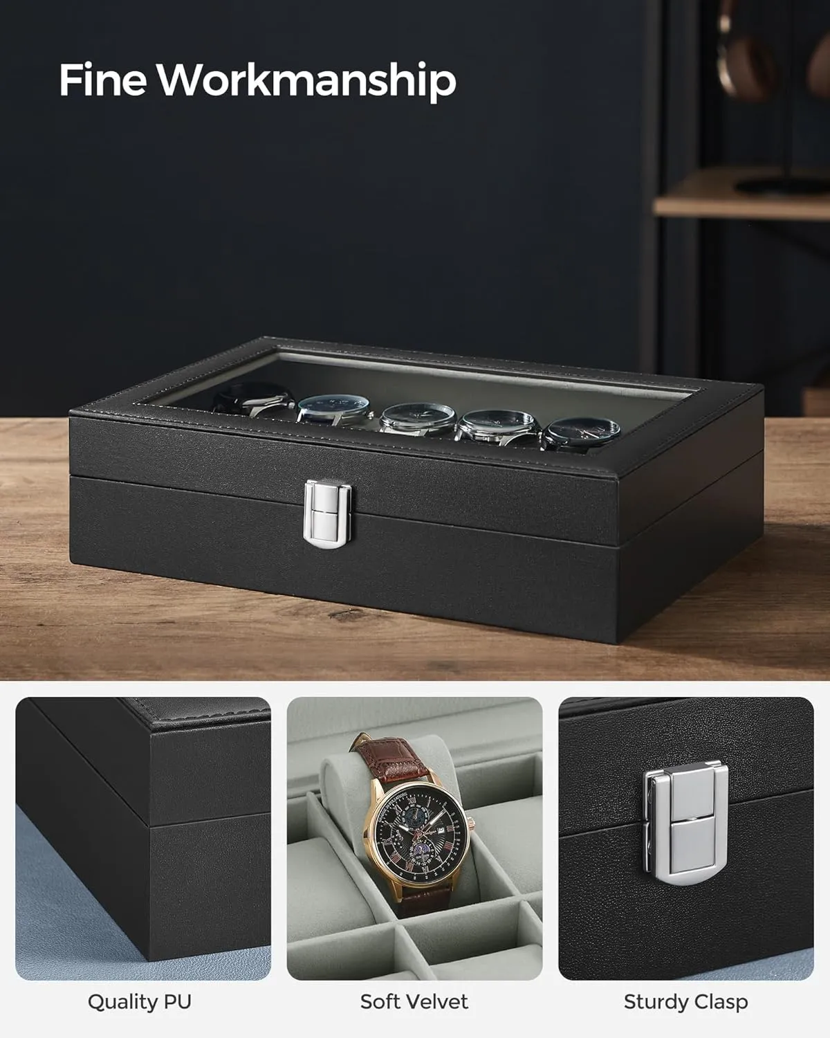 SONGMICS Watch Box, 12-Slot Watch Case with Large Glass Lid, Removable Watch Pillows, Watch Box Organizer, Gift for Loved Ones, Black Synthetic Leather, Gray Lining UJWB12BK