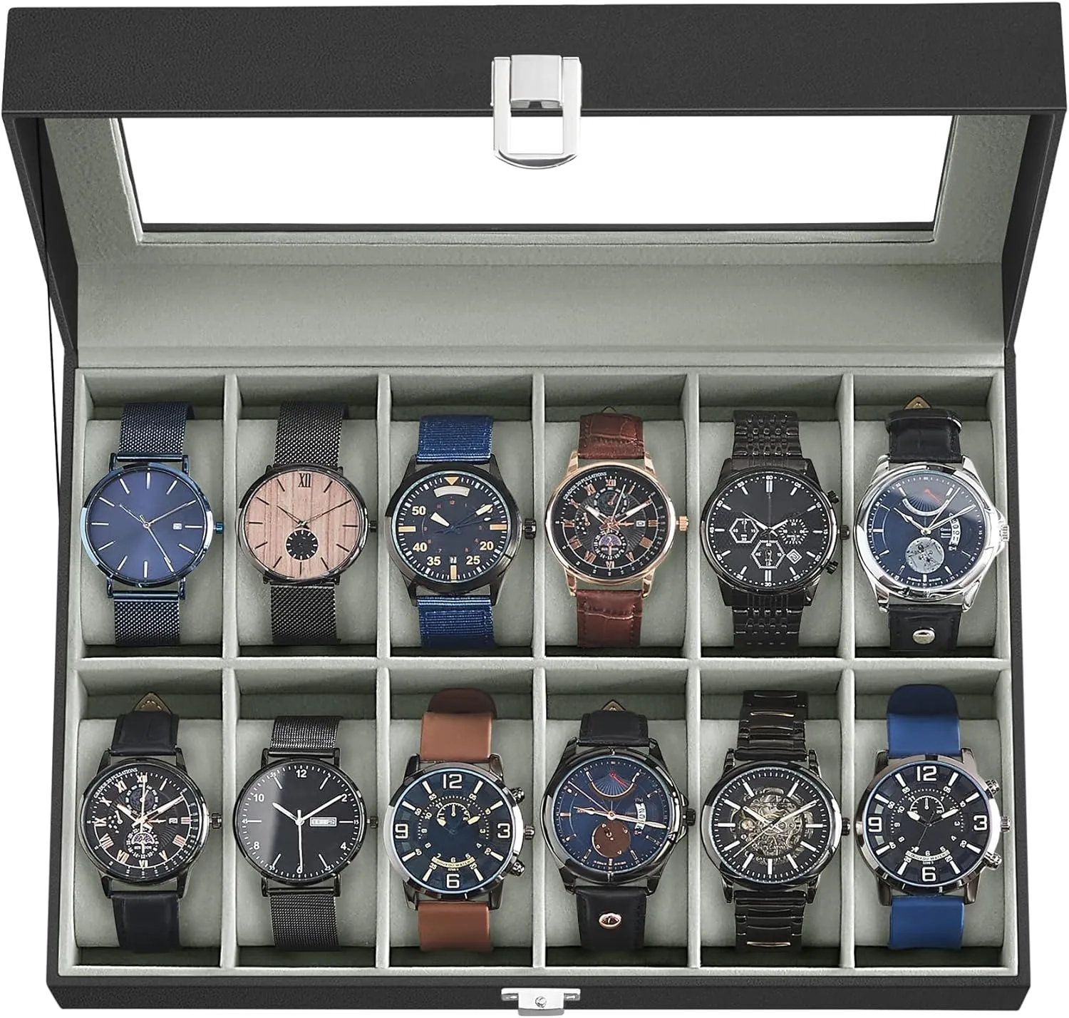 SONGMICS Watch Box, 12-Slot Watch Case with Large Glass Lid, Removable Watch Pillows, Watch Box Organizer, Gift for Loved Ones, Black Synthetic Leather, Gray Lining UJWB12BK
