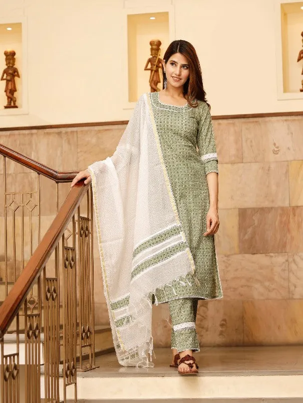Summer Green Ethnic Motif Printed Cotton Kurta Set (Set of 3)