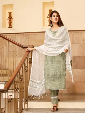 Summer Green Ethnic Motif Printed Cotton Kurta Set (Set of 3)