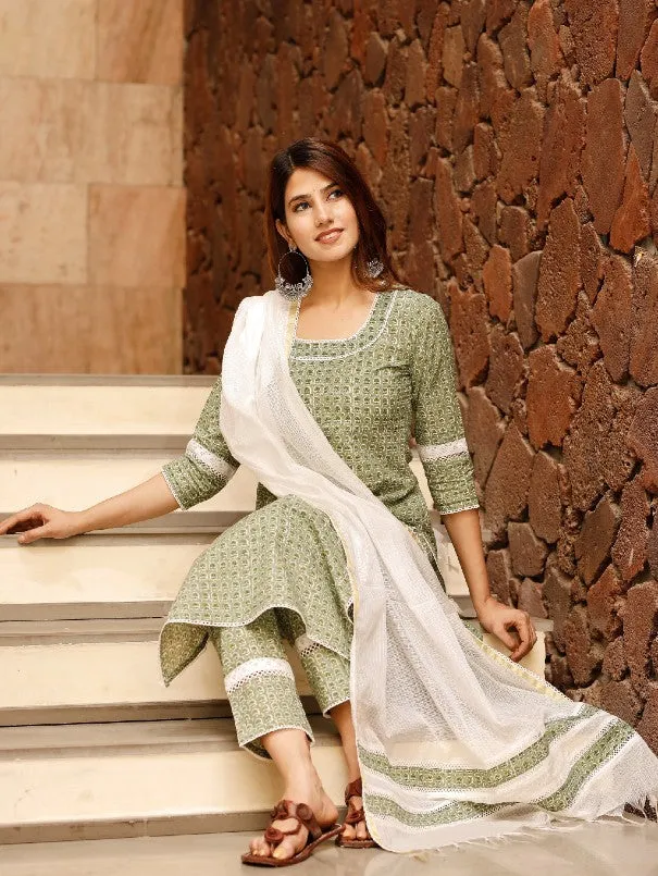 Summer Green Ethnic Motif Printed Cotton Kurta Set (Set of 3)