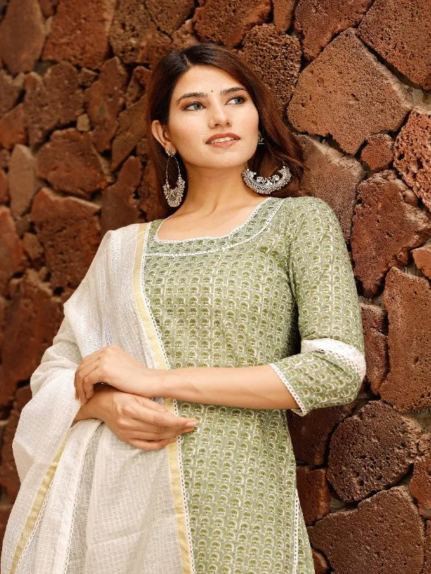 Summer Green Ethnic Motif Printed Cotton Kurta Set (Set of 3)
