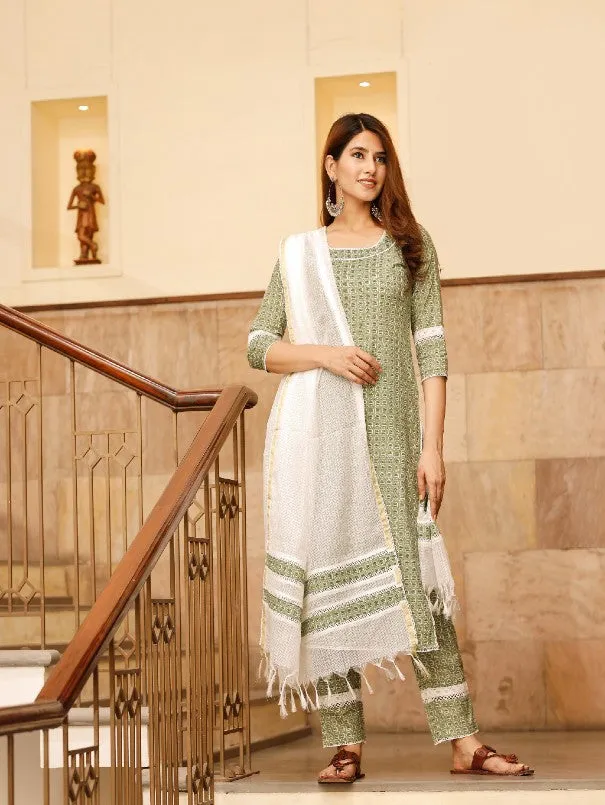 Summer Green Ethnic Motif Printed Cotton Kurta Set (Set of 3)