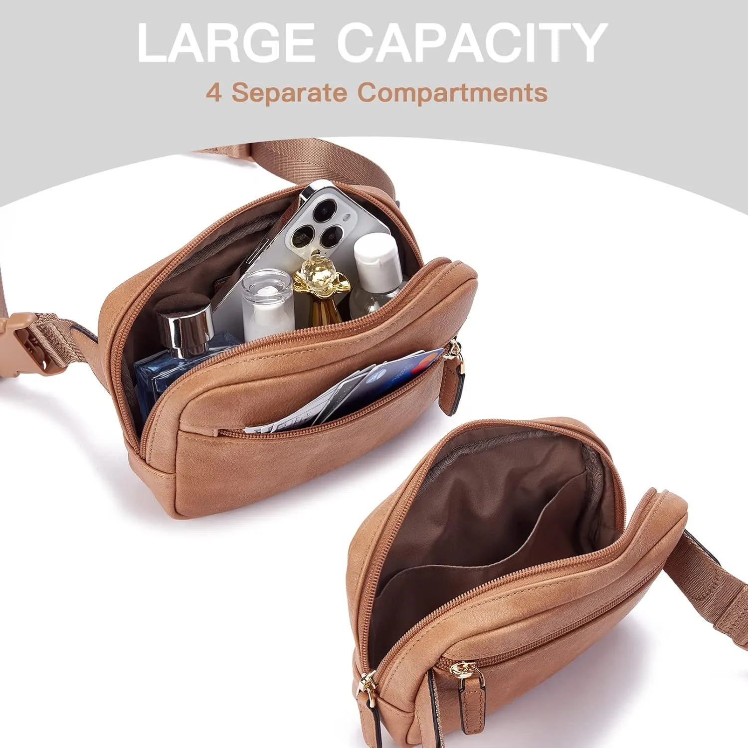 Telena Belt Bag for Women PU Leather Fanny Pack Crossbody Waist Bags with Adjustable Strap Camel Brown