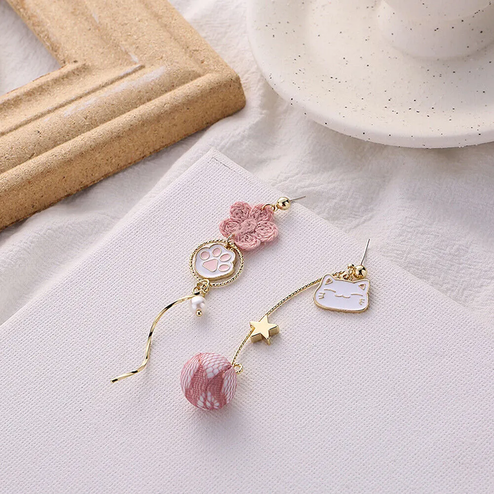 US Pom Pom Flower Balloon Daisy Vintage Heart Cat Star Fruit Earrings /Ear Clips