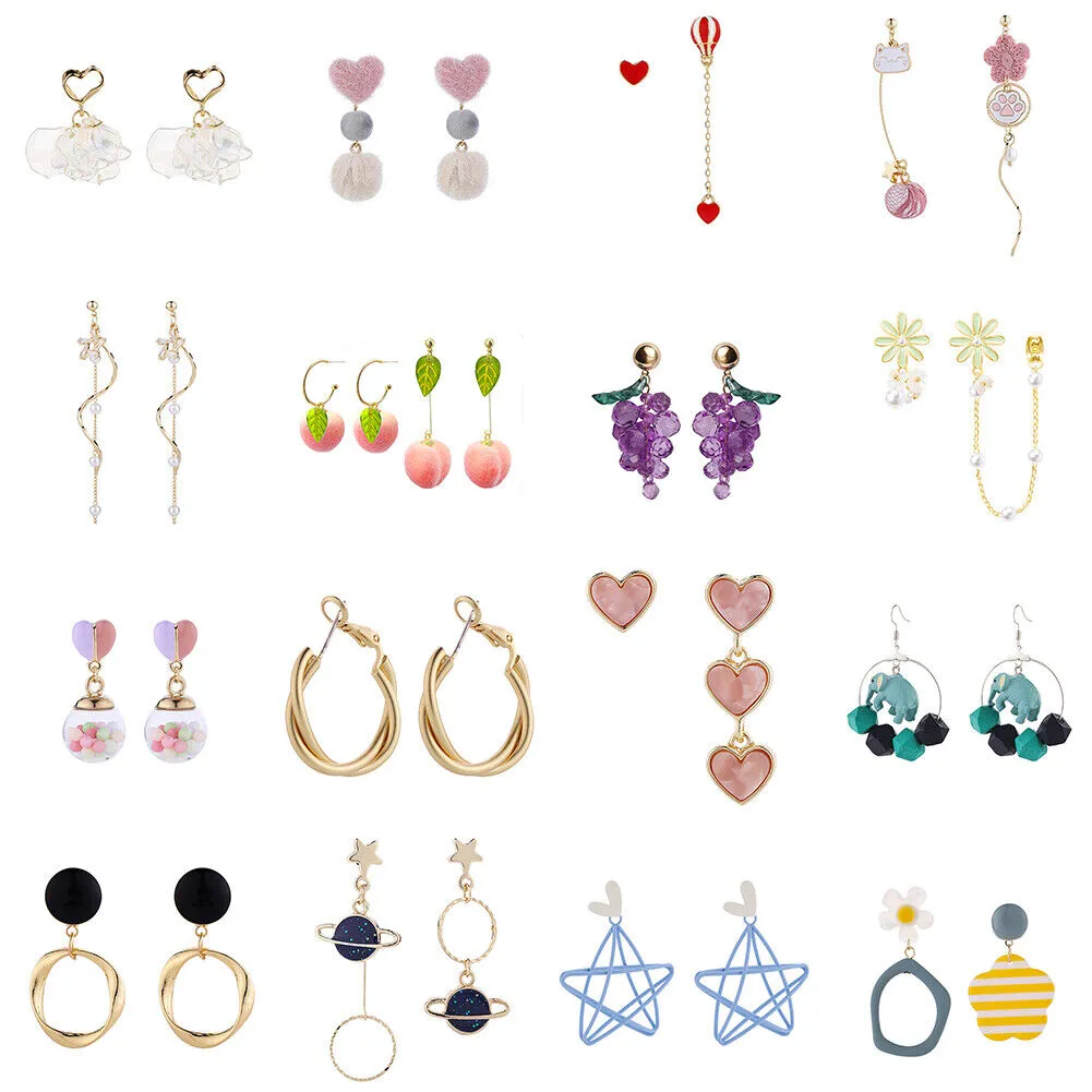 US Pom Pom Flower Balloon Daisy Vintage Heart Cat Star Fruit Earrings /Ear Clips