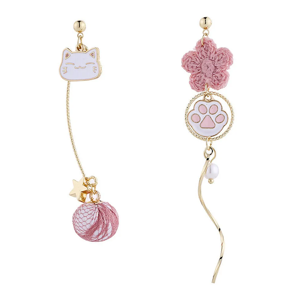 US Pom Pom Flower Balloon Daisy Vintage Heart Cat Star Fruit Earrings /Ear Clips