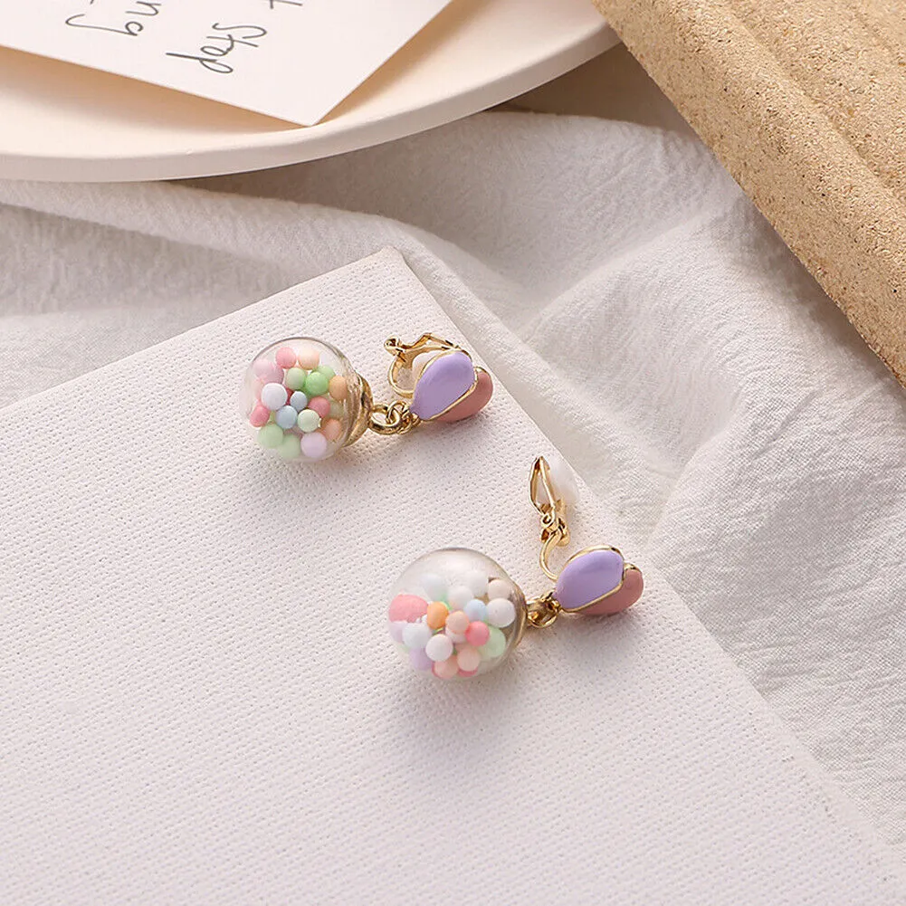 US Pom Pom Flower Balloon Daisy Vintage Heart Cat Star Fruit Earrings /Ear Clips