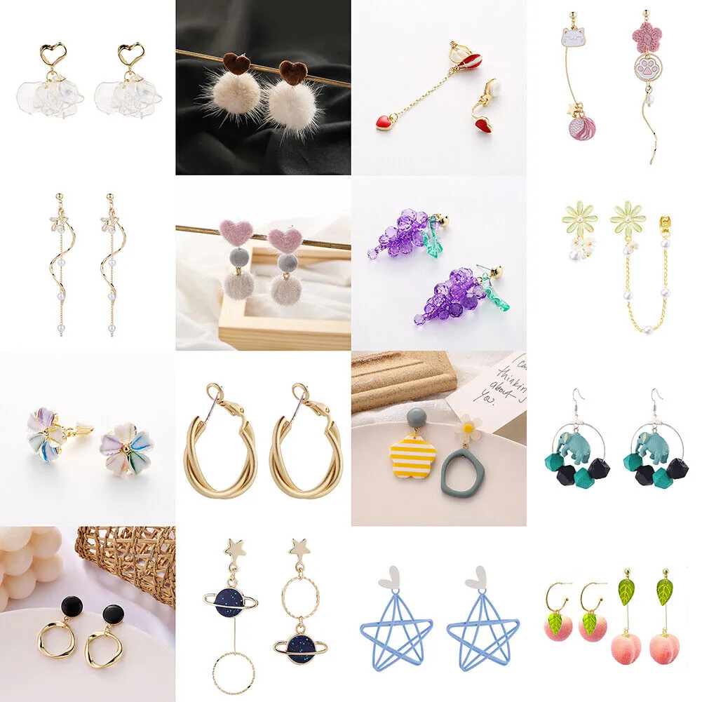 US Pom Pom Flower Balloon Daisy Vintage Heart Cat Star Fruit Earrings /Ear Clips