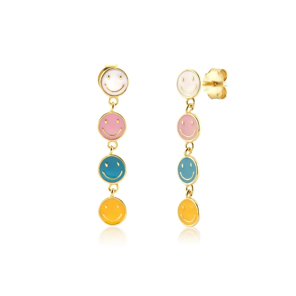 Wenkouban Sterling Silver Gold White Pink Enamel Smile Drop Earring Black Clips Pendiente Spring Summer Jewelry For Women Gift