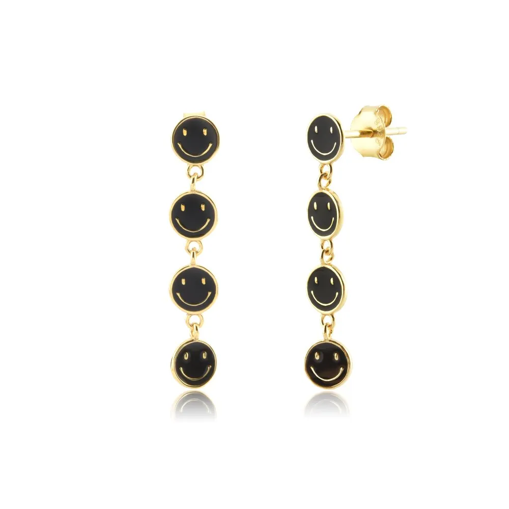 Wenkouban Sterling Silver Gold White Pink Enamel Smile Drop Earring Black Clips Pendiente Spring Summer Jewelry For Women Gift