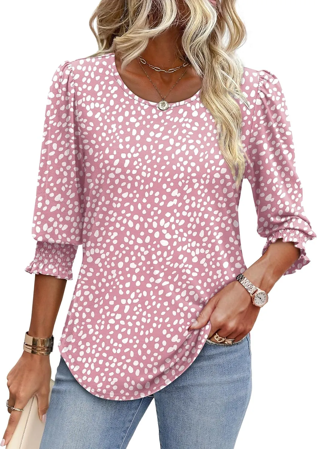 XIEERDUO Blouses for Women Dressy Casual 3/4 Length Sleeve Womens Tops with Smocked Cuffs