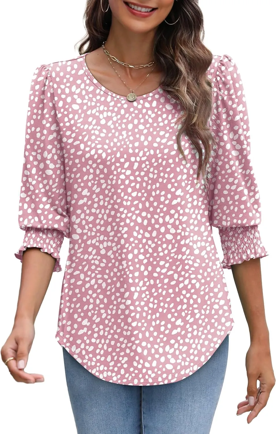 XIEERDUO Blouses for Women Dressy Casual 3/4 Length Sleeve Womens Tops with Smocked Cuffs